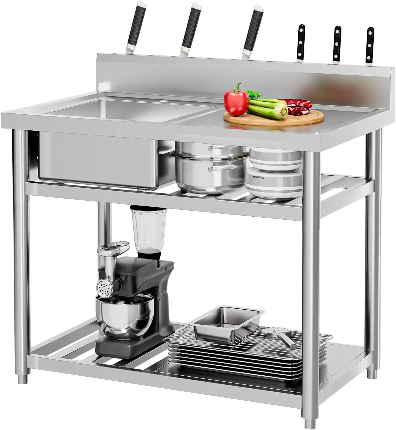 Commercial Kitchen Double Sink - Stainless Steel Utility Sink, Freestanding Utility