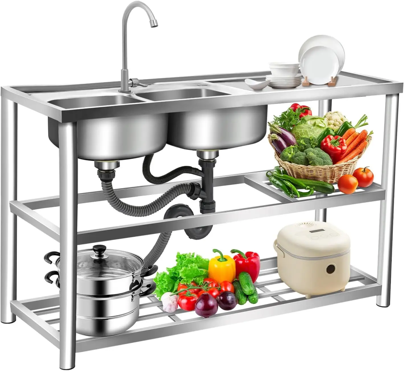 Commercial Kitchen Double Sink - 3 Tiers Freestanding Stainless Steel Sink,